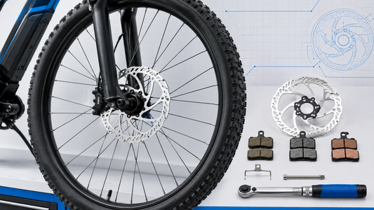 E-bike disc brake pad guide showing a front wheel, rotor, caliper, replacement pads and service tools