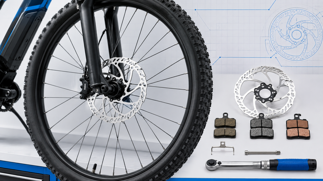 E-bike disc brake pad guide showing a front wheel, rotor, caliper, replacement pads and service tools