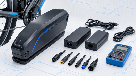 E-bike charger compatibility guide showing a battery, chargers, connector types and a multimeter