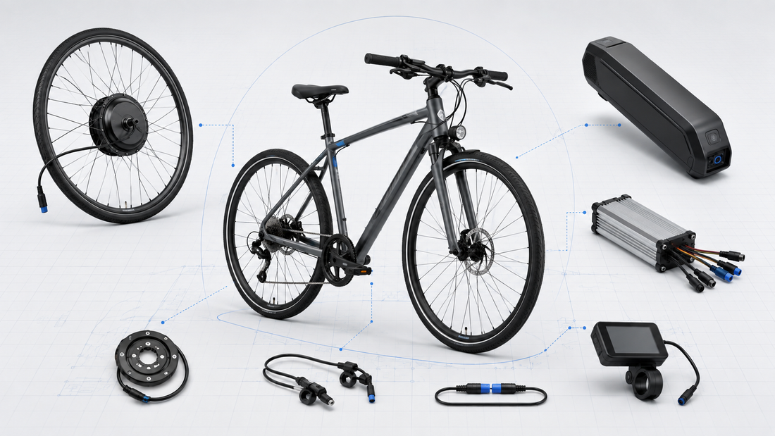 E-bike conversion kit compatibility guide showing a bicycle, hub motor wheel, battery, controller, display, sensors and connectors