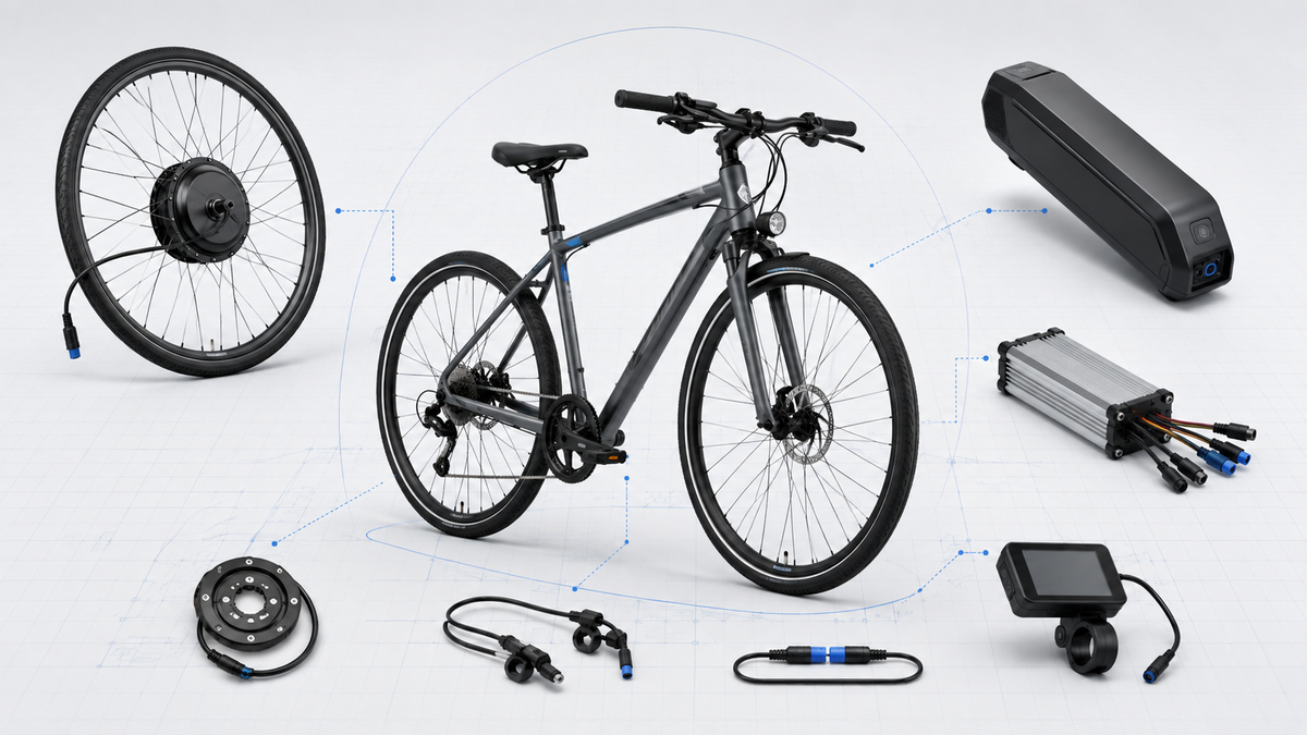 E-bike conversion kit compatibility guide showing a bicycle, hub motor wheel, battery, controller, display, sensors and connectors