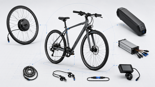 E-bike conversion kit compatibility guide showing a bicycle, hub motor wheel, battery, controller, display, sensors and connectors