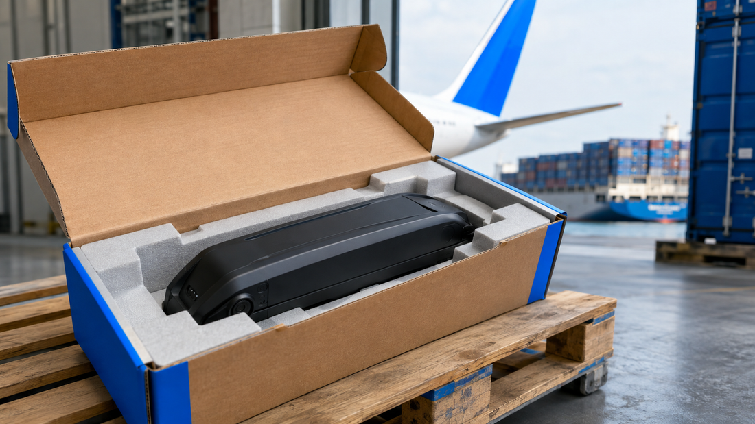 International e-bike battery shipping guide showing a protected lithium-ion battery package with air and sea freight