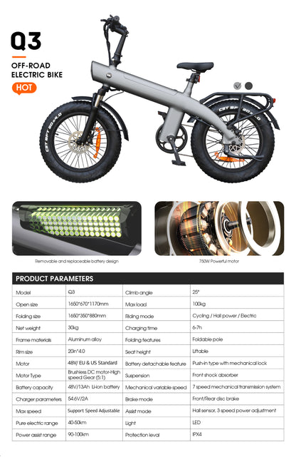 Q3 Fat Tire E-Bike – 48V 750W High Power Full Suspension Electric Bicycle for Adults