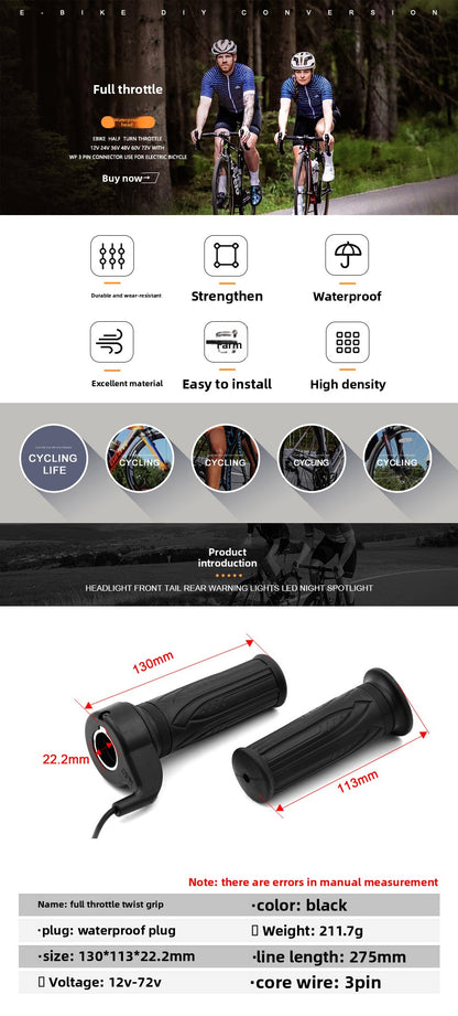 Ebike Full Twist Throttle 12V-72V, WP Connector Ebike Throttle Grip, 20X Full Grip Throttle Replacement