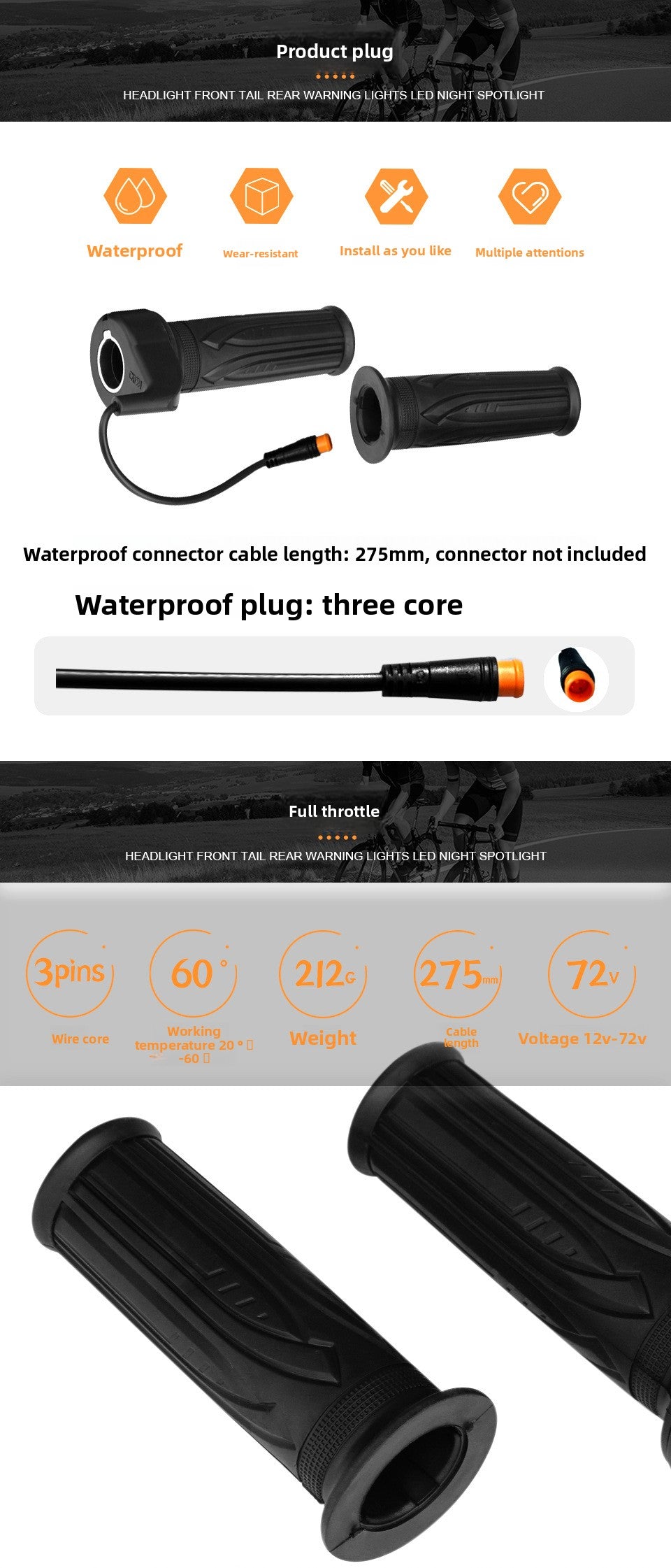 Ebike Full Twist Throttle 12V-72V, WP Connector Ebike Throttle Grip, 20X Full Grip Throttle Replacement