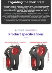 Mountain bike handlebar stem, aluminum alloy, fixed-gear, short stem, 25.4/31.8*45mm, CNC hollow stem