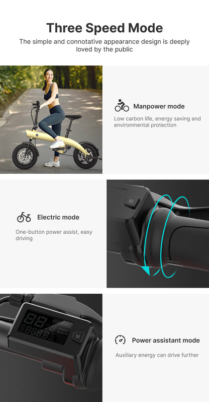 14" Aluminum Folding E-Bike: 36V 250W Rear Hub Motor, 3-Speed, Lightweight Lithium Battery Electric Bicycle