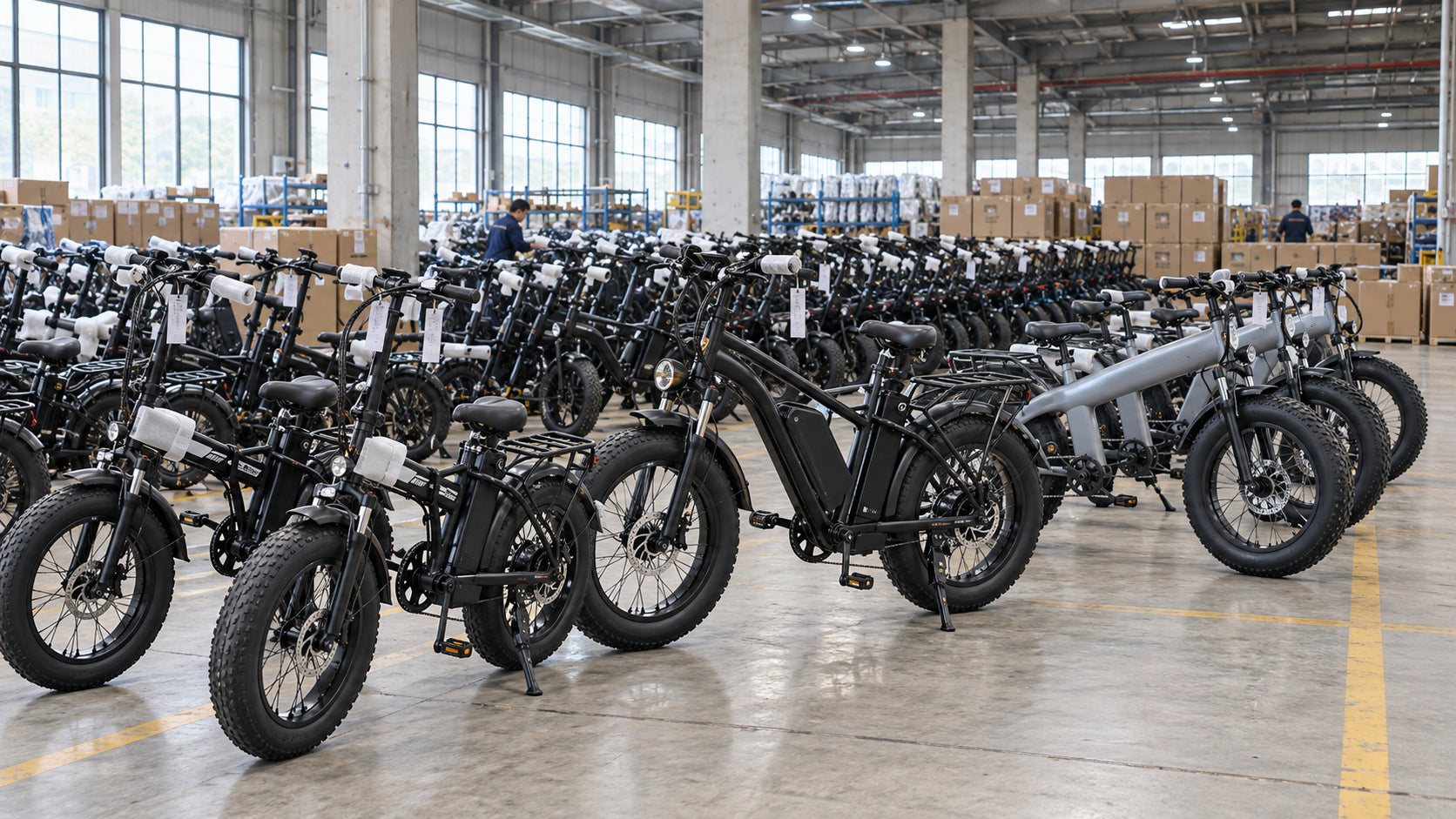 Illustration d’un entrepôt avec des rangées de vélos électriques