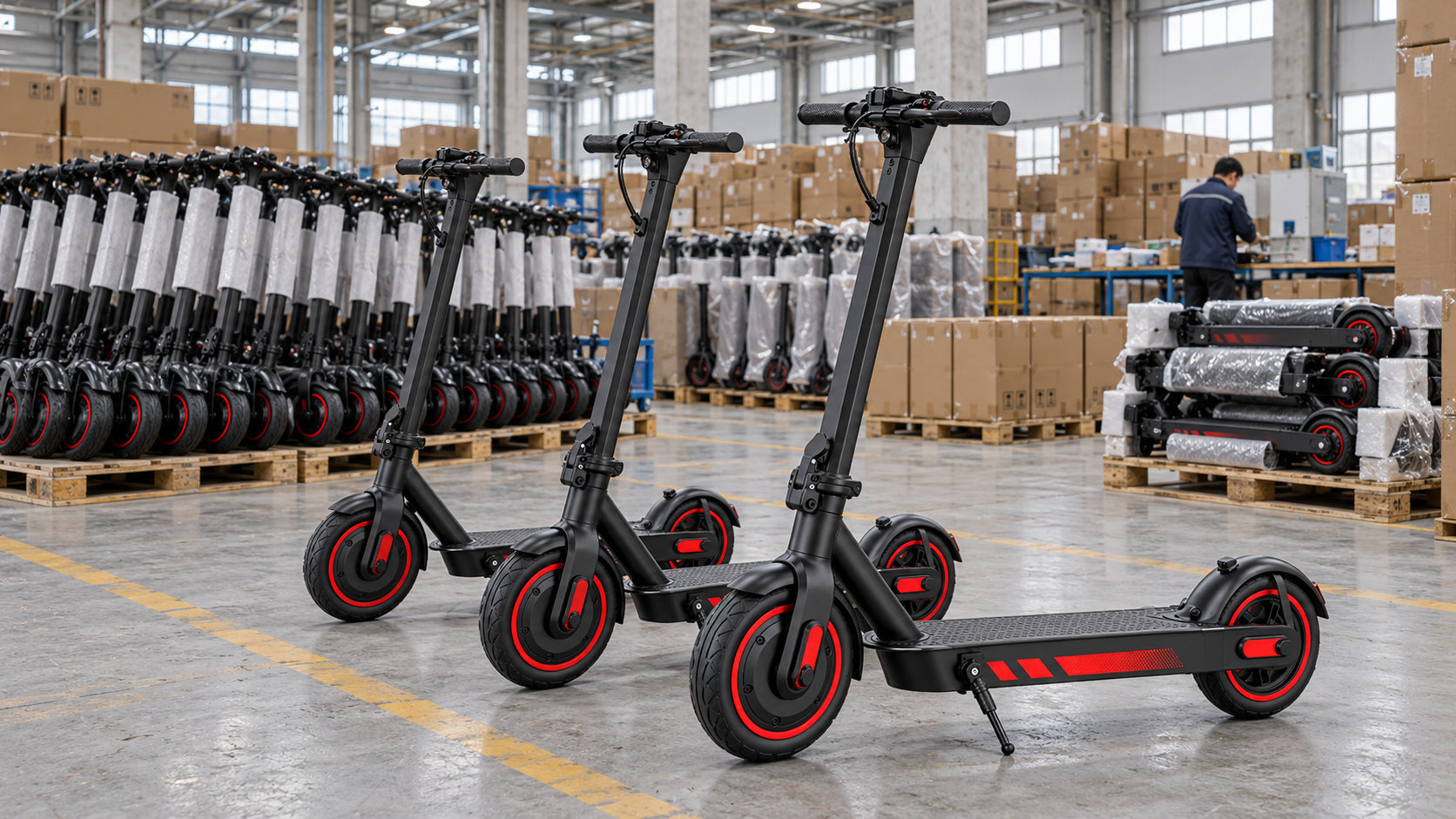 Illustrative warehouse scene with electric scooter stock and packing areas